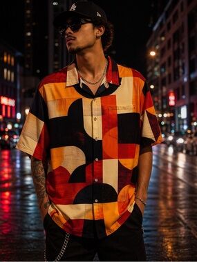 Royaura Hawaiian Shirt XL Retro Geometric Orange Black Camp Collar Button Up